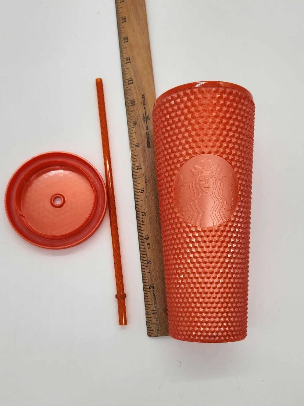 Starbucks Fall 2022 Orange Pearlized Studded Cold Cup 24oz Venti Lid Straw
